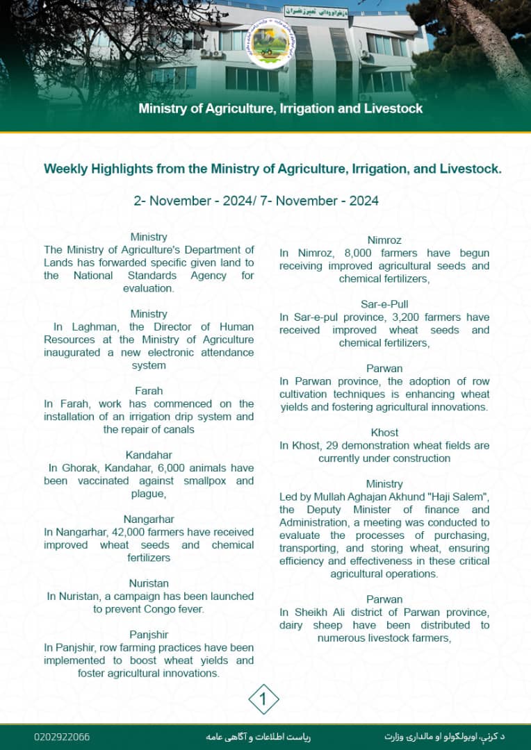 Weekly Highlights from the Ministry of Agriculture, Irrigation, and Livestock.