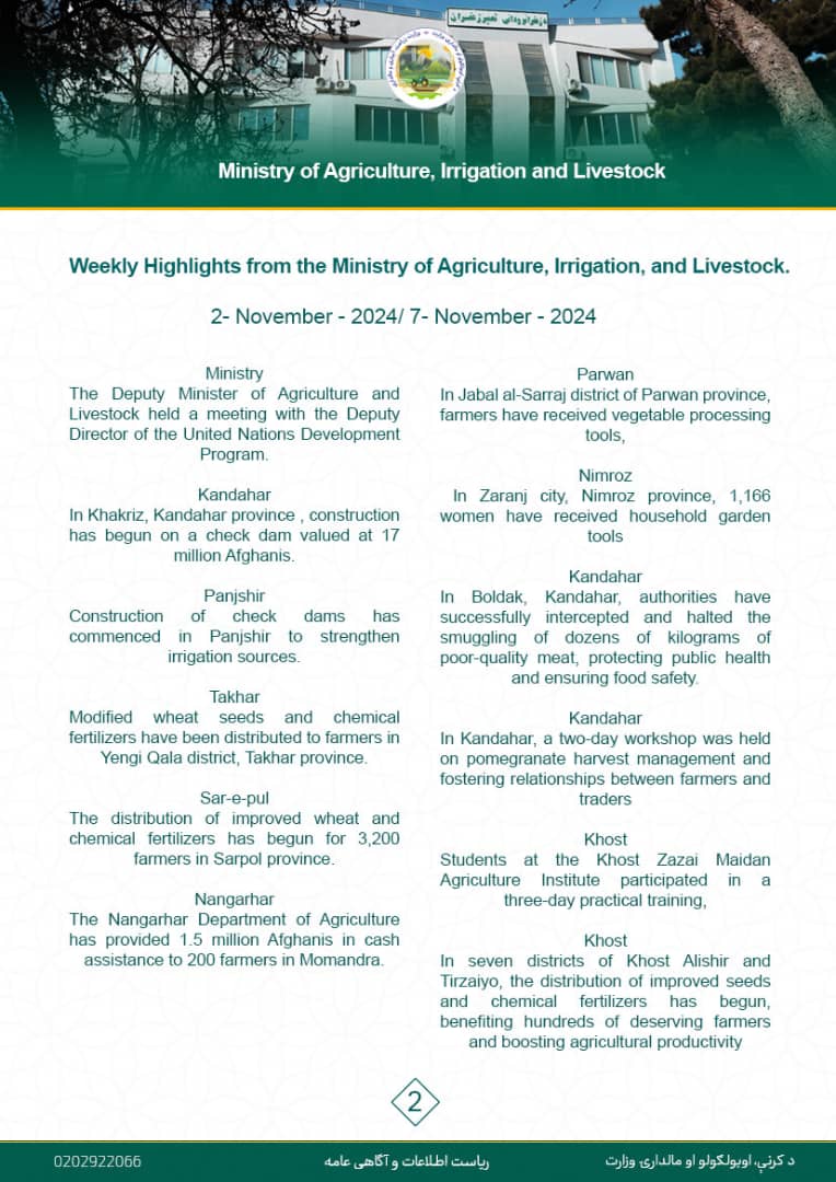 Weekly Highlights from the Ministry of Agriculture, Irrigation, and Livestock.