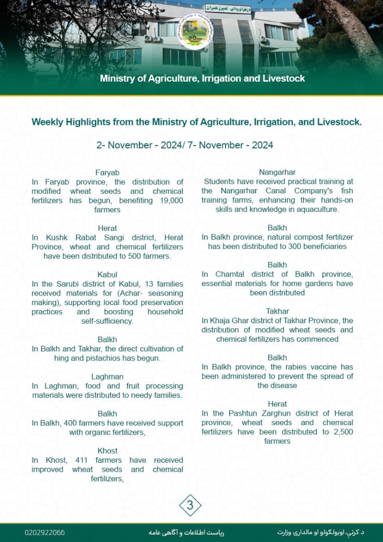 Weekly Highlights from the Ministry of Agriculture, Irrigation, and Livestock.