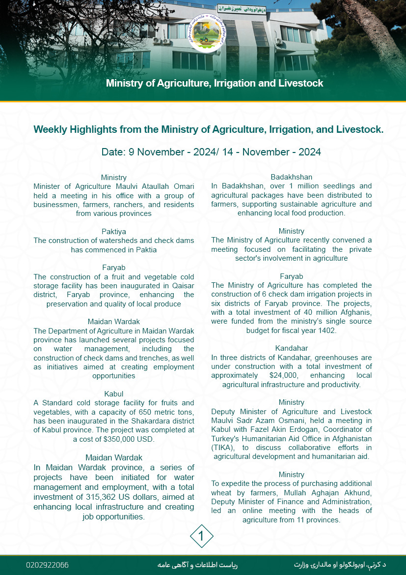 Weekly Highlights from the Ministry of Agriculture, Irrigation, and Livestock