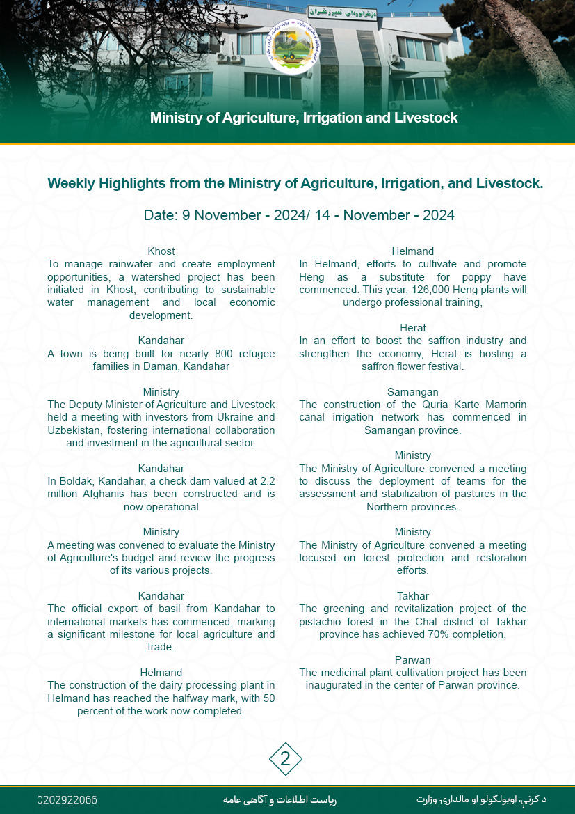 Weekly Highlights from the Ministry of Agriculture, Irrigation, and Livestock