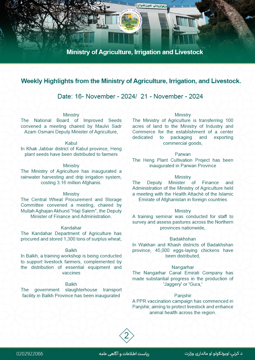 Weekly Highlights from the Ministry of Agriculture, Irrigation, and Livestock.