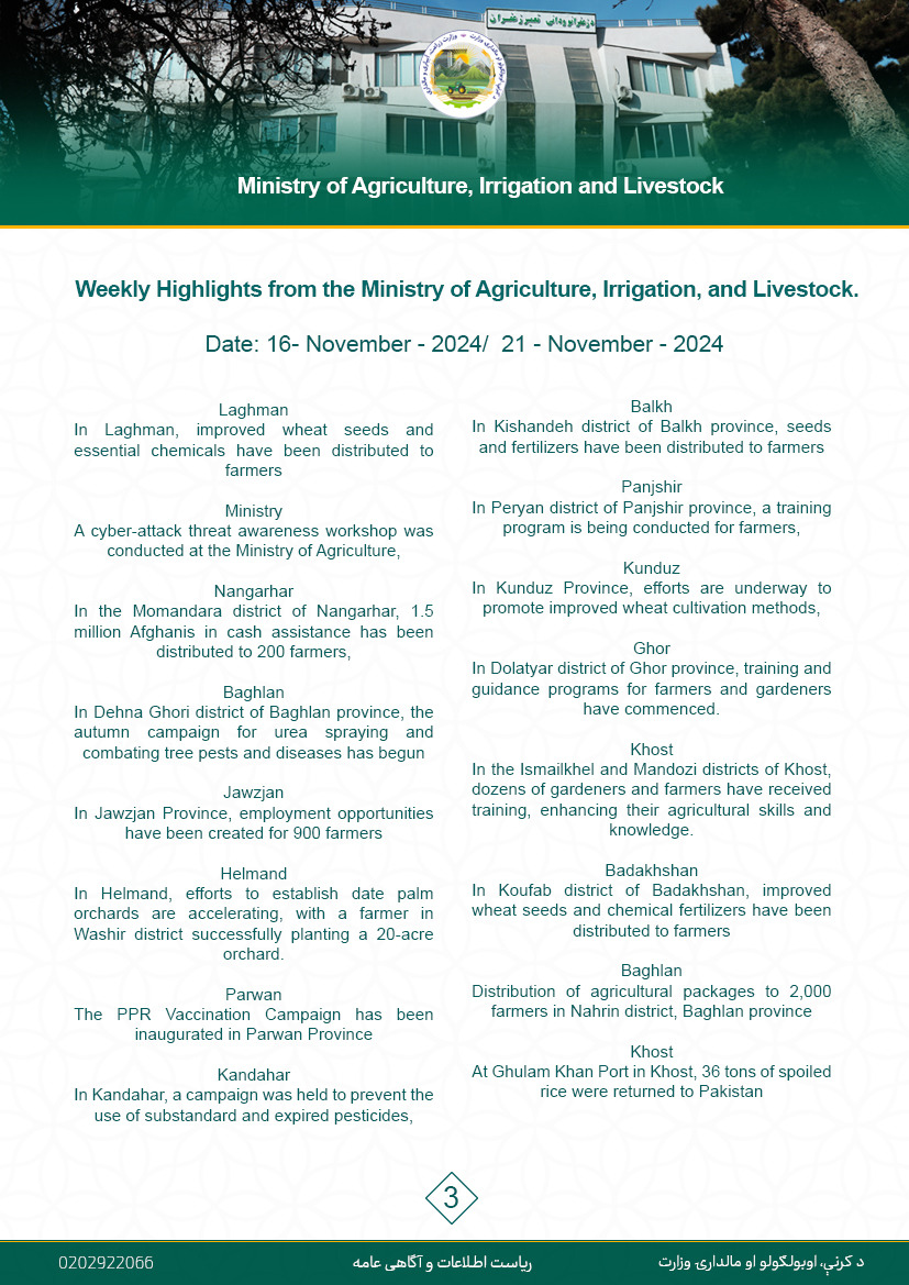 Weekly Highlights from the Ministry of Agriculture, Irrigation, and Livestock.