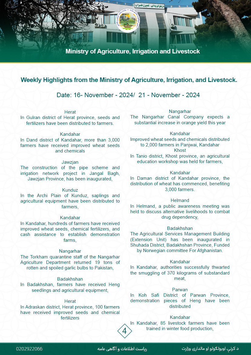 Weekly Highlights from the Ministry of Agriculture, Irrigation, and Livestock.