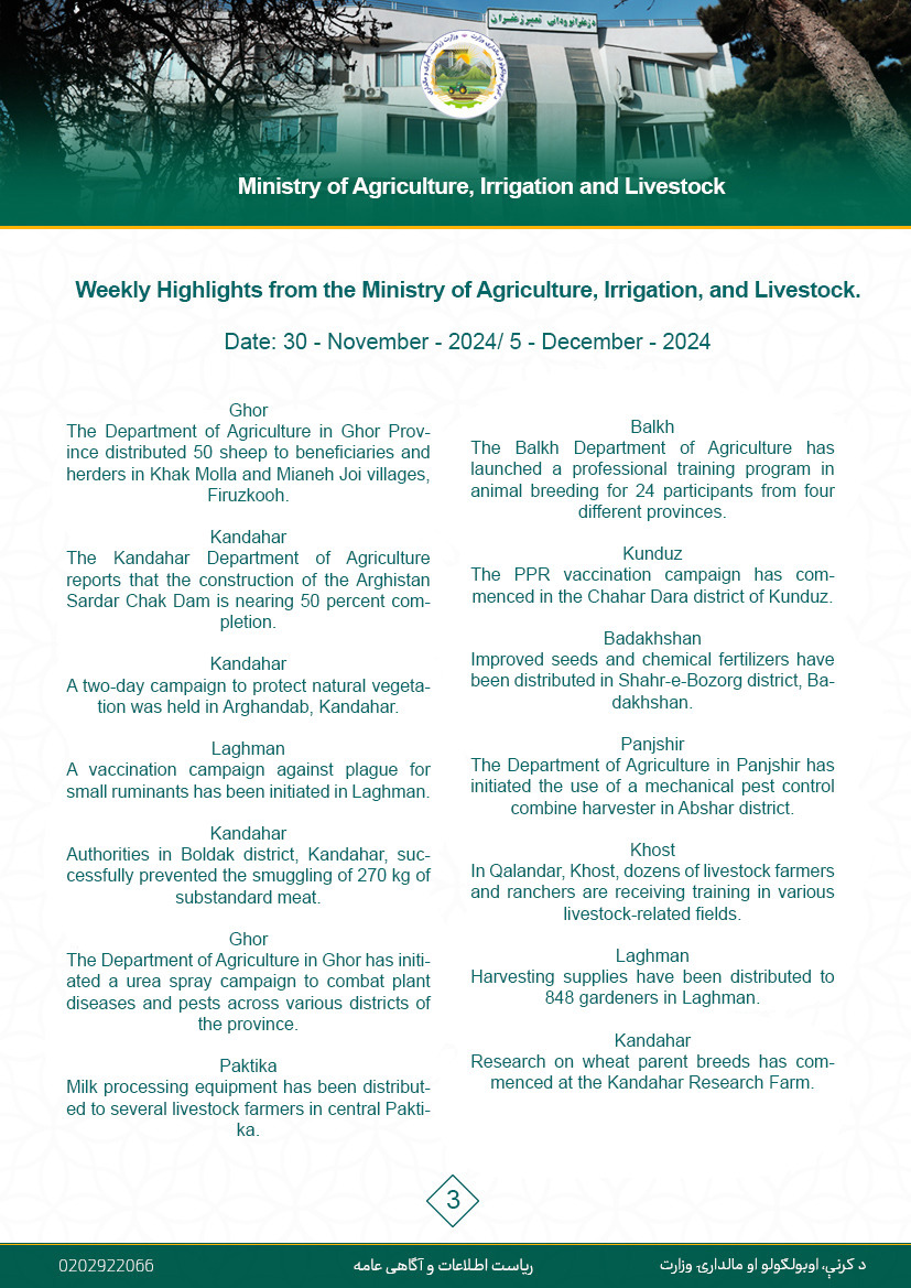 Weekly Highlights from the Ministry of Agriculture, Irrigation, and Livestock.