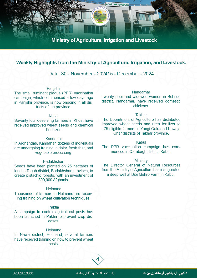 Weekly Highlights from the Ministry of Agriculture, Irrigation, and Livestock.