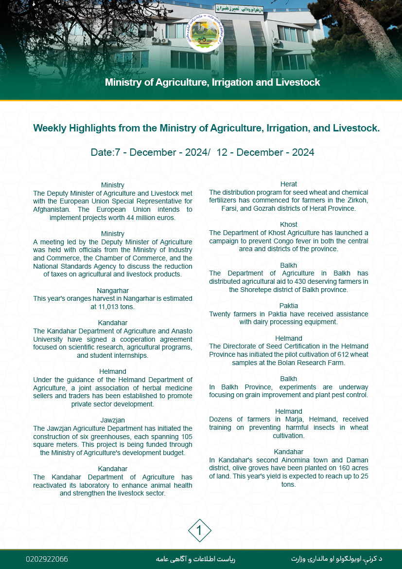 Weekly Highlights from the Ministry of Agriculture, Irrigation, and Livestock.