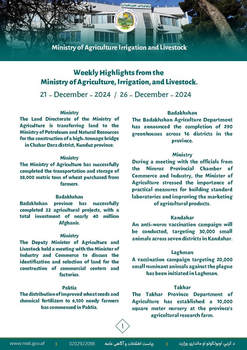 Weekly Highlights from the Ministry of Agriculture, Irrigation, and Livestock.