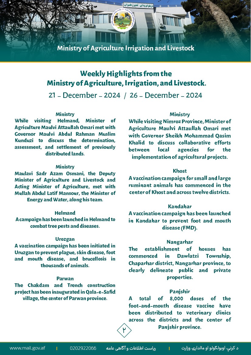 Weekly Highlights from the Ministry of Agriculture, Irrigation, and Livestock.