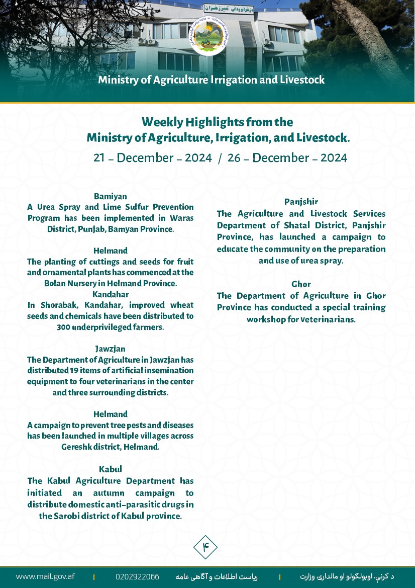 Weekly Highlights from the Ministry of Agriculture, Irrigation, and Livestock.