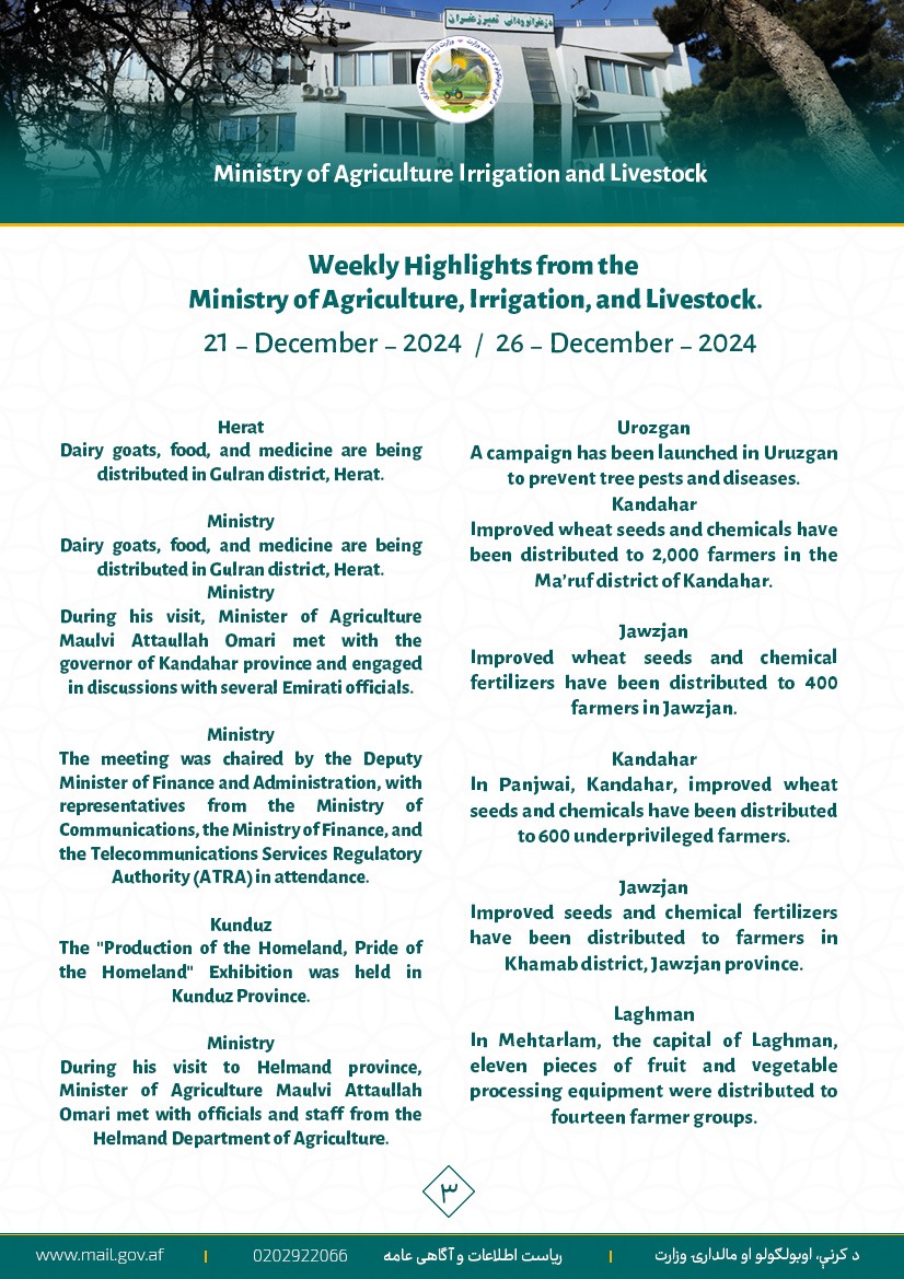 Weekly Highlights from the Ministry of Agriculture, Irrigation, and Livestock.