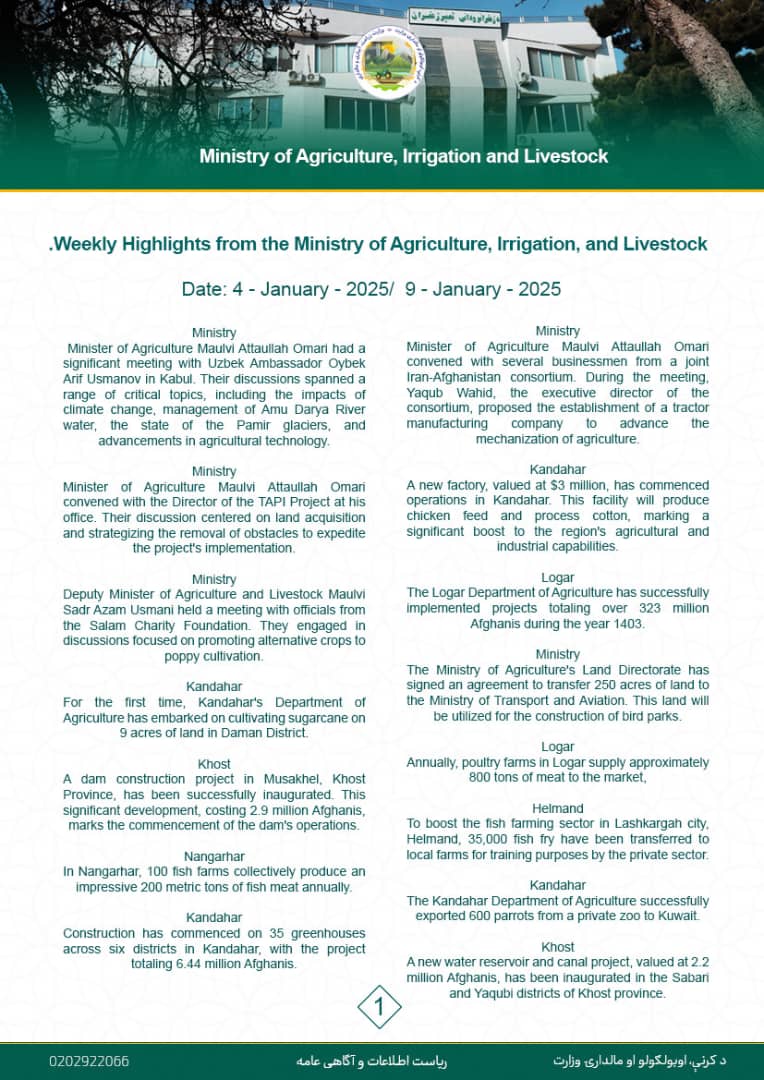 Weekly Highlights from the Ministry of Agriculture, Irrigation, and Livestock.