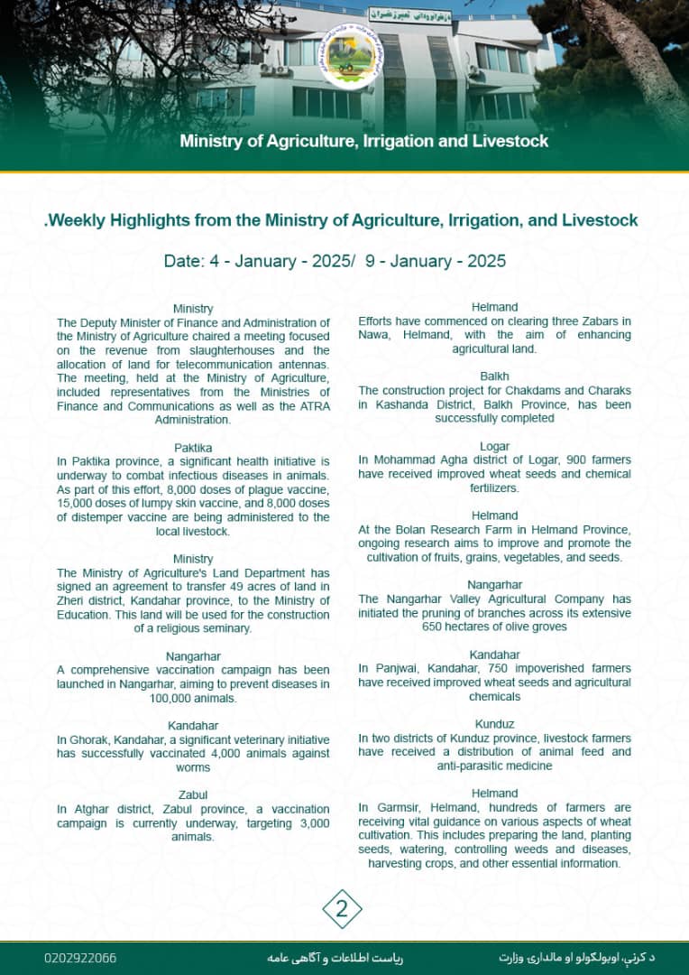 Weekly Highlights from the Ministry of Agriculture, Irrigation, and Livestock.