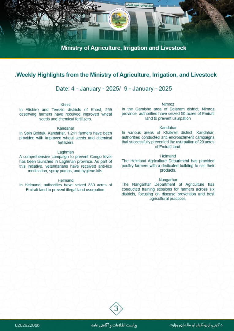 Weekly Highlights from the Ministry of Agriculture, Irrigation, and Livestock.