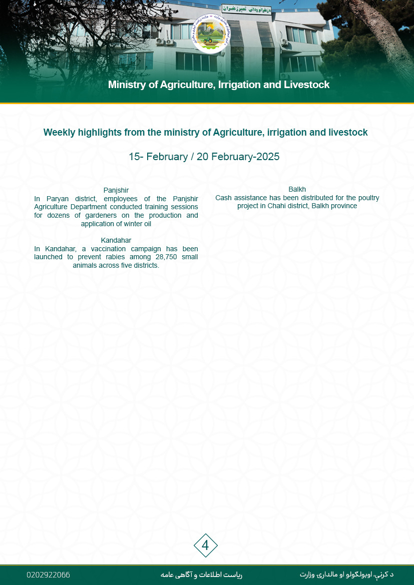 Weekly highlights from the ministry of Agriculture, irrigation and livestock