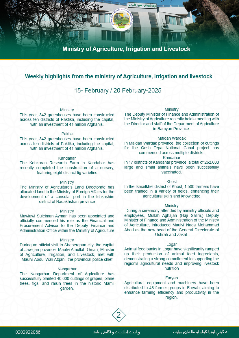 Weekly highlights from the ministry of Agriculture, irrigation and livestock