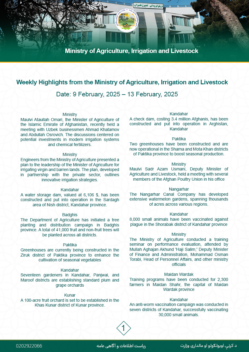 Weekly Highlights from the Ministry of Agriculture, Irrigation, and Livestock.