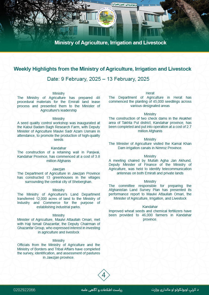 Weekly Highlights from the Ministry of Agriculture, Irrigation, and Livestock.