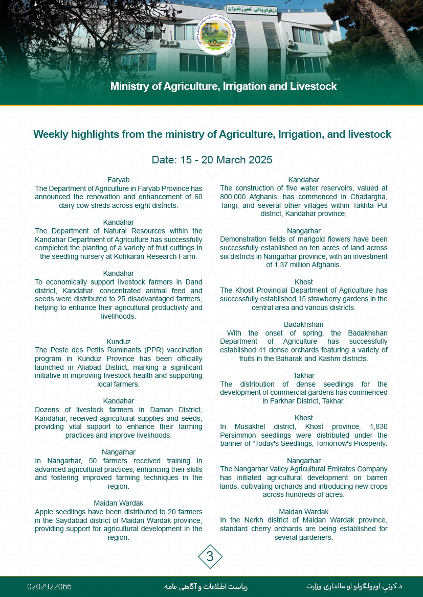 Weekly Highlights from the Ministry of Agriculture, Irrigation, and Livestock.