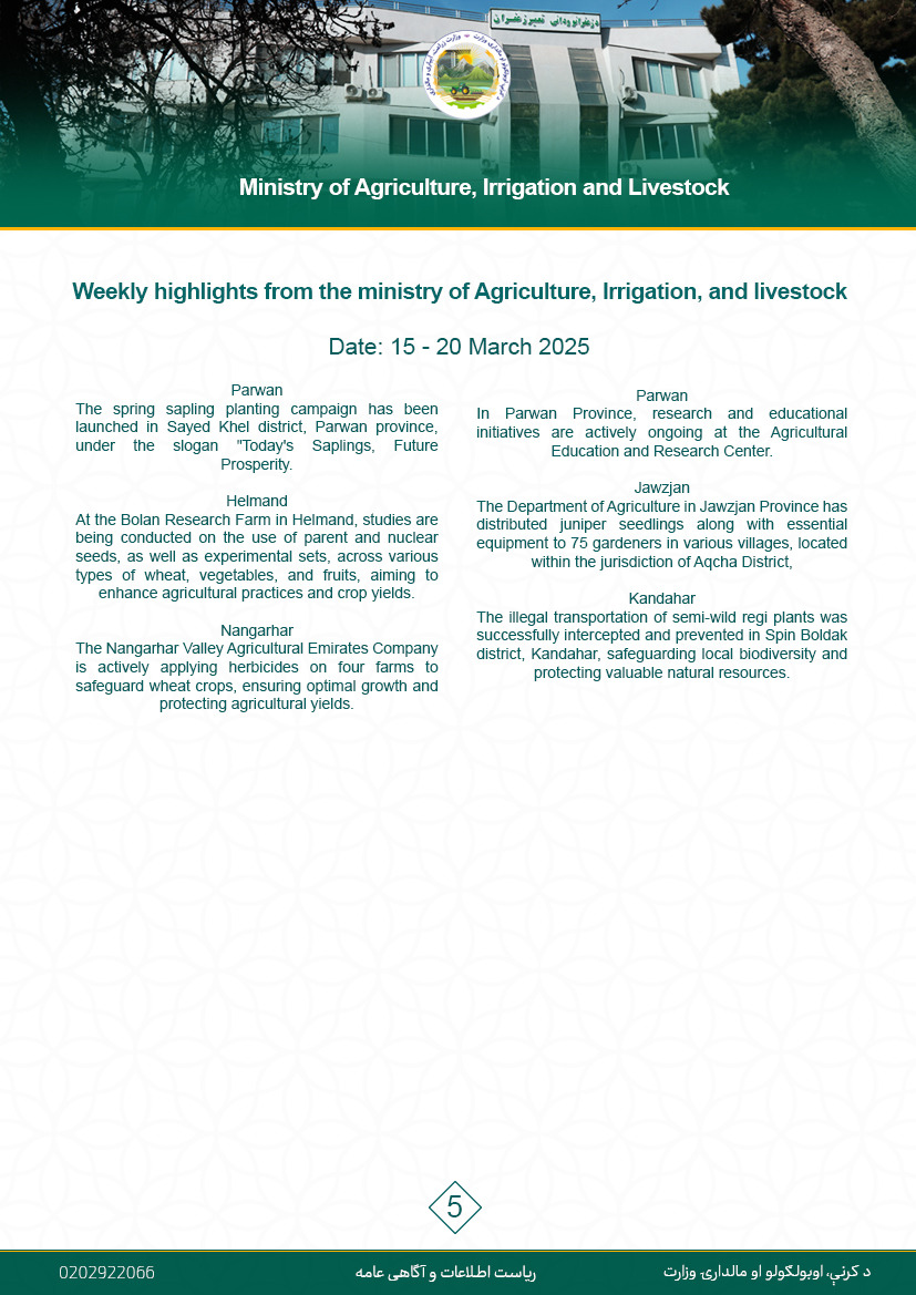 Weekly Highlights from the Ministry of Agriculture, Irrigation, and Livestock.