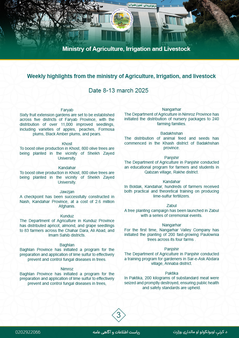 Weekly Highlights from the Ministry of Agriculture, Irrigation, and Livestock.